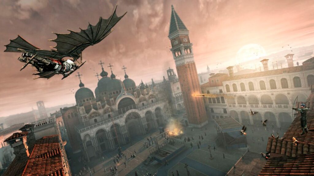 Ezio using Leonardo's Flying Machine. Assassin's Creed II