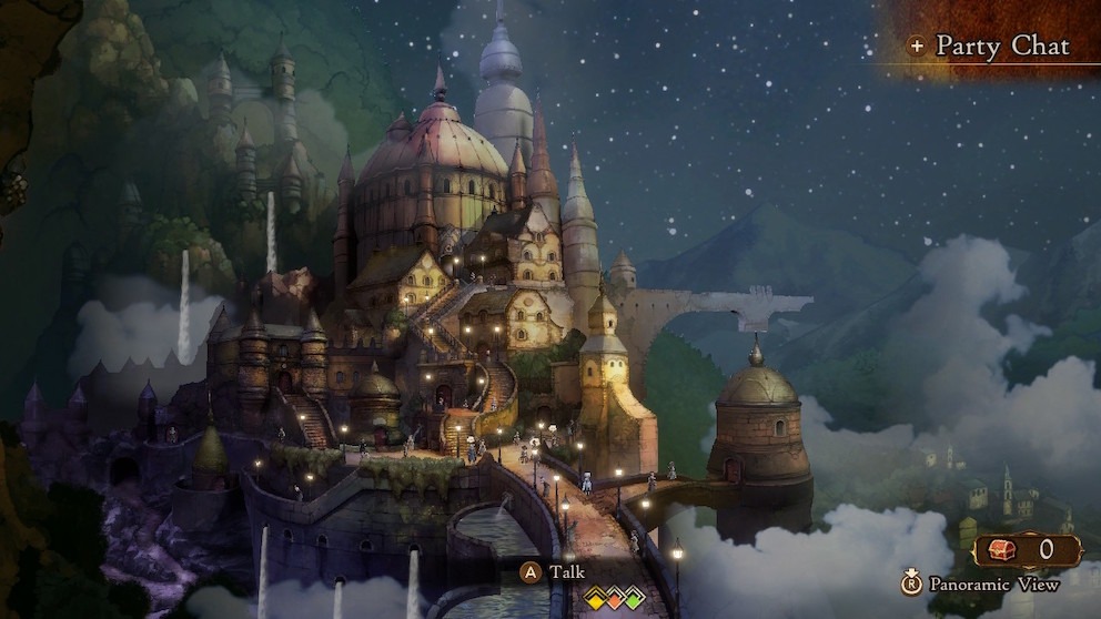 A town in Bravely Default II during night time.