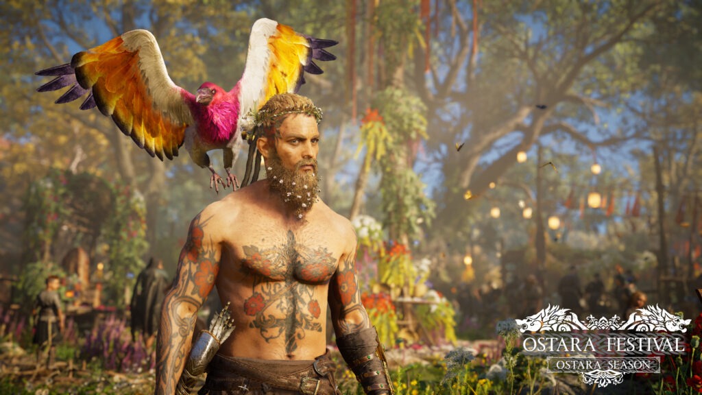 Eivor with tattoos and a colourful bird.