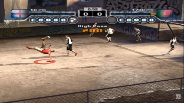 Screenshot taken from FIFA Street. Player is performing an overhead kick.