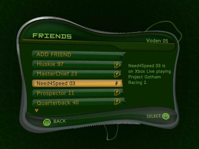 Xbox Live 1.0 friend list screen as seen on the origingal Xbox Dashboard