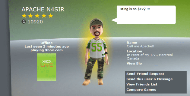 Apache N4SIR's Xbox Live profile with their avatar, as seen from an Xbox 360 Dashboard