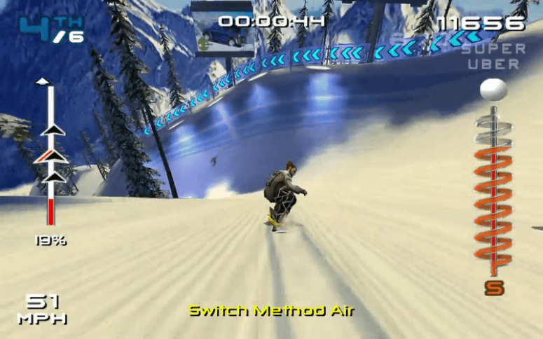 Screenshot from SSX3. Player snowboarding down a snowy hill.