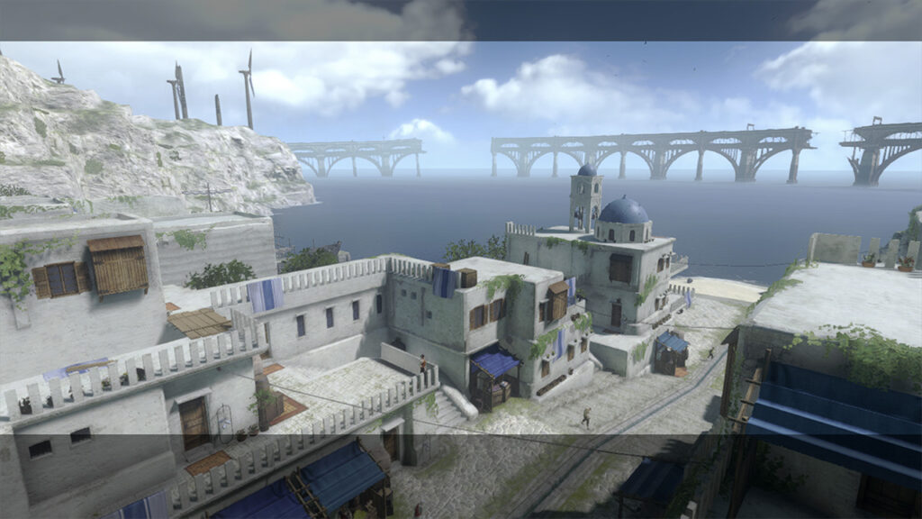 Aerial view of the seaside town in NieR Replicant