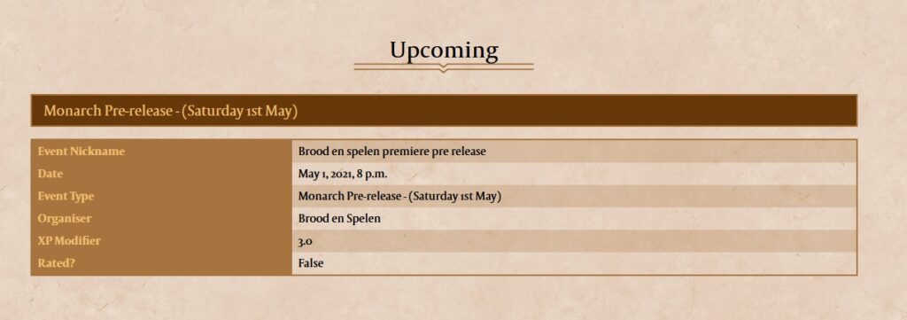Flesh and Blood Monarch pre-release event on the website of Flesh and blood. After clicking the link provided by the Tournament Organizer.