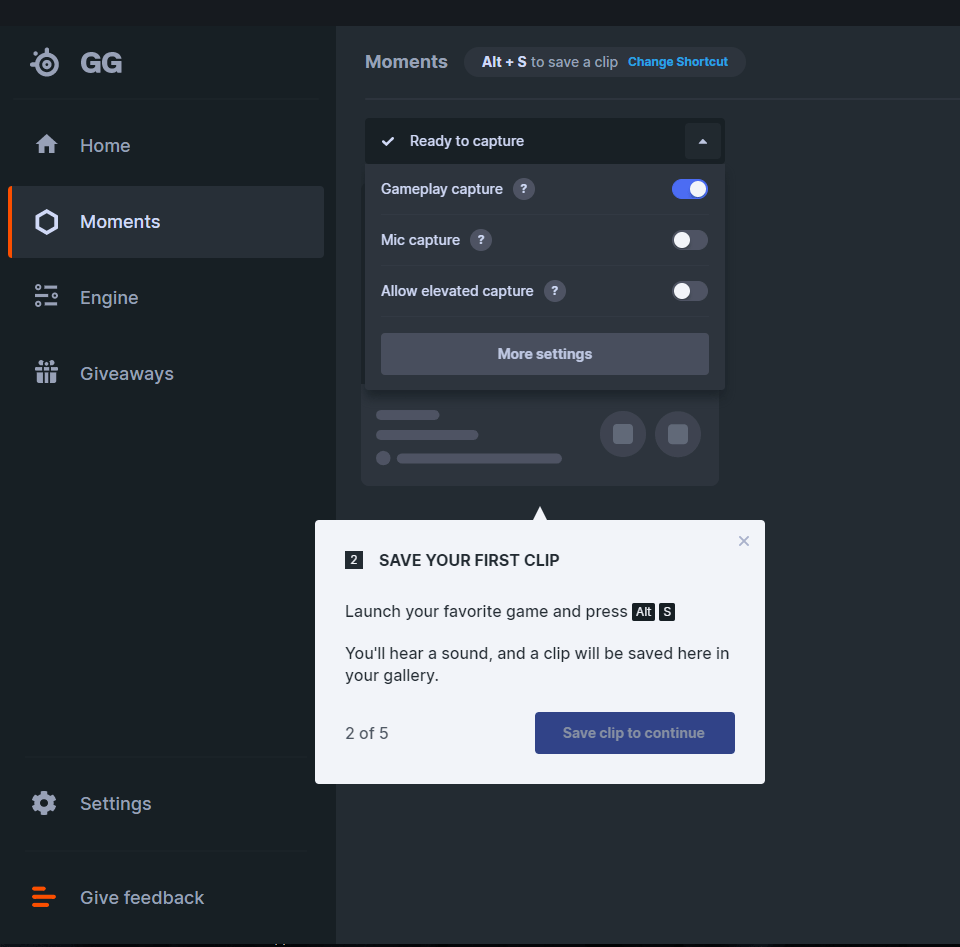 SteelSeries Moments: new tab on in the left-side panel within SteelSeries GG. 