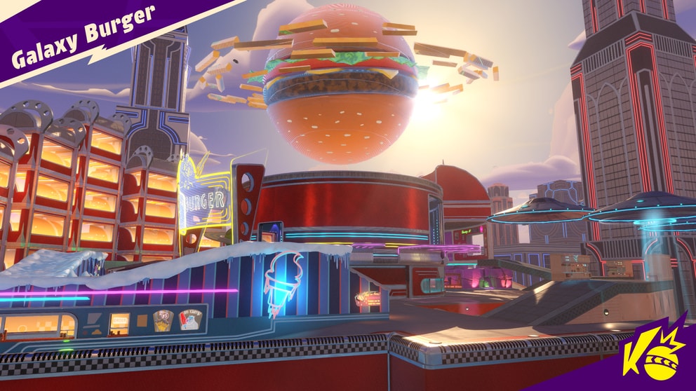 The Galaxy Burger map. Each map has distinct features. This map has a rotating mid platform and the center map gets closed off by rotating doors.