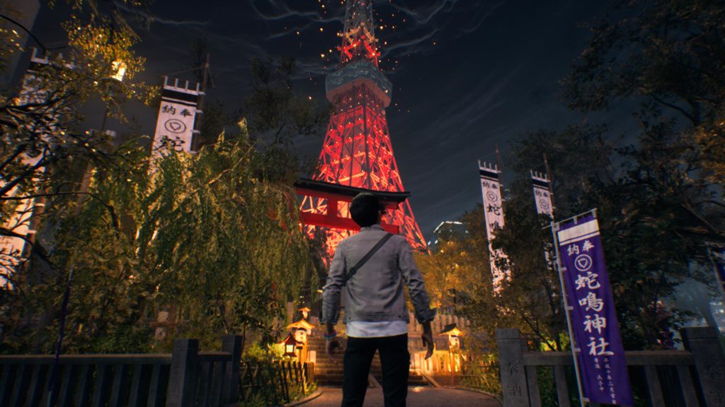 Akito approaching the Tokyo Tower in GhostWire: Tokyo