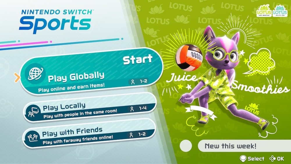 Main menu screen in Nintendo Switch Sports