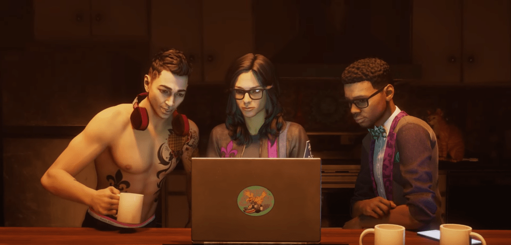Cast of main characters looking at a laptop in Saints Row