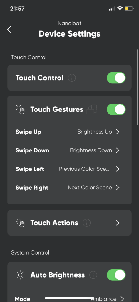 Device settings on the Nanoleaf App on iOS