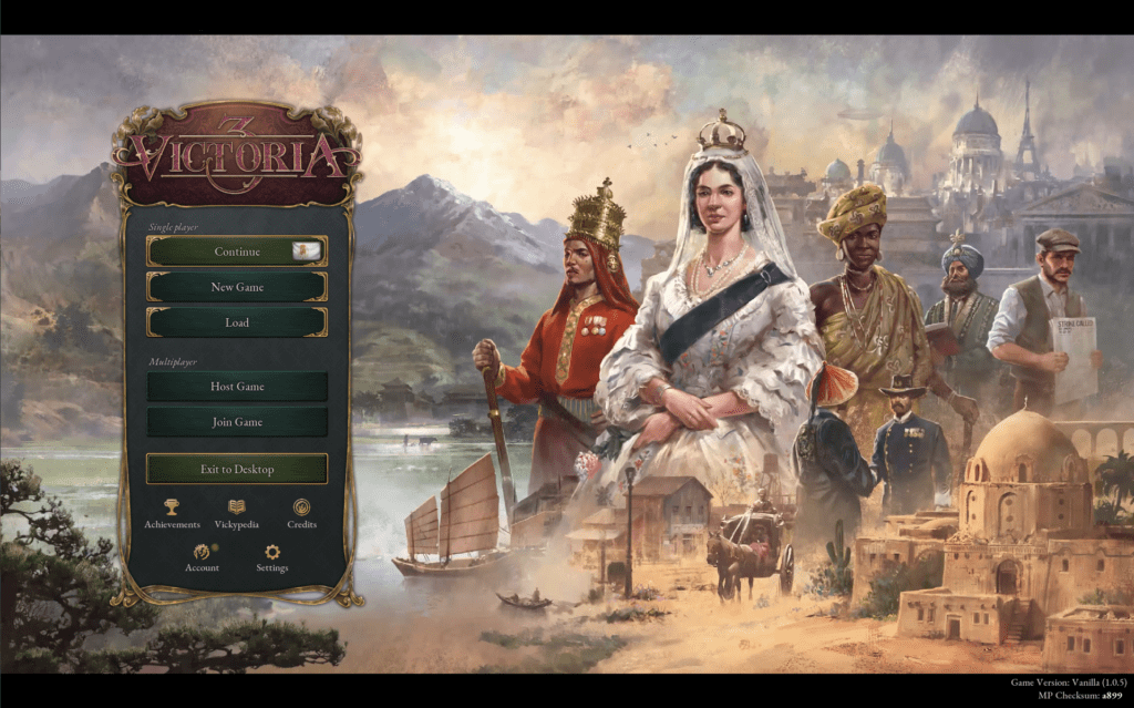 Title screen of Victoria 3 with Queen Victoria on it!