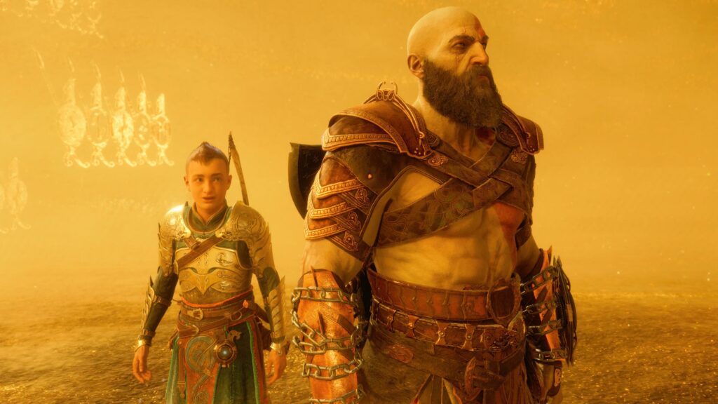 Kratos and Atreus watching prophecies unfold.