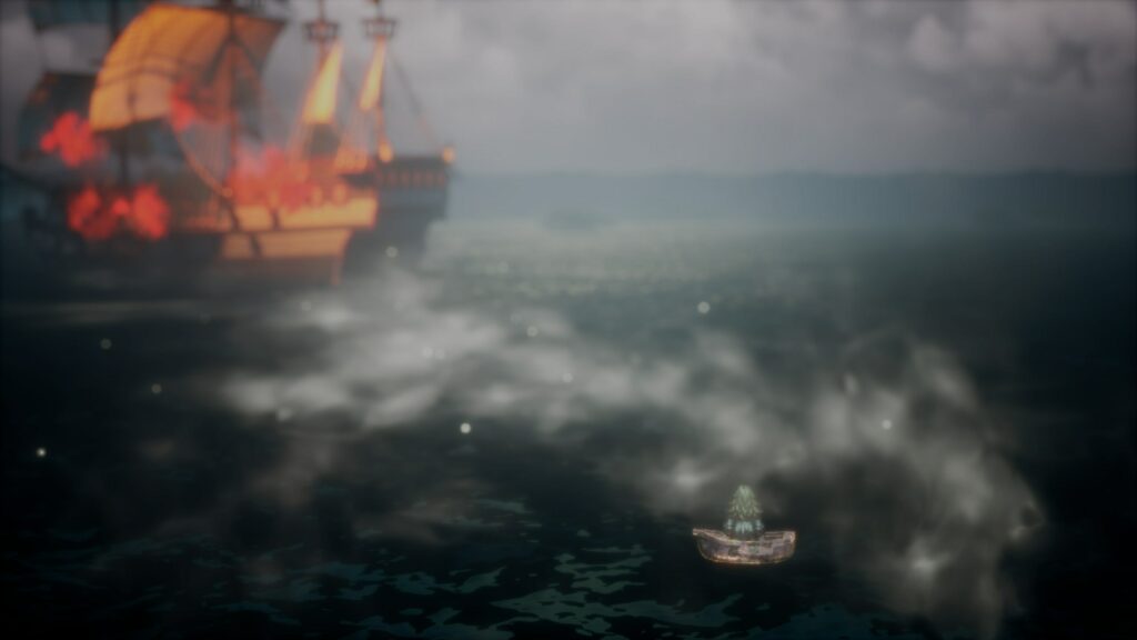 Osvald standing in a tiny boat. Watching a boat in flames. Octopath Traveler 2.