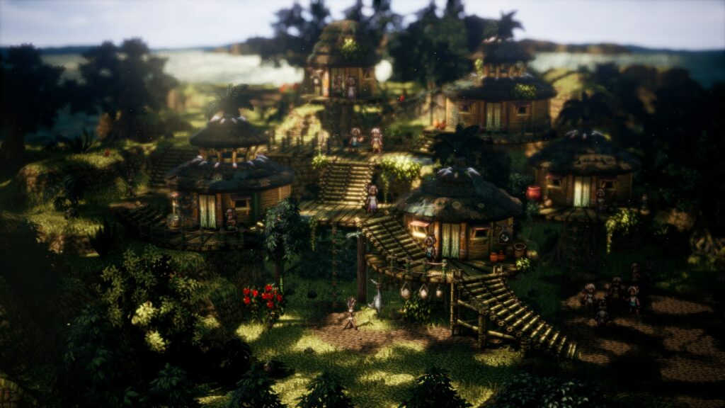 Ochette her village is set in a jungle with bamboo buildings, stairs and beastling as citizens