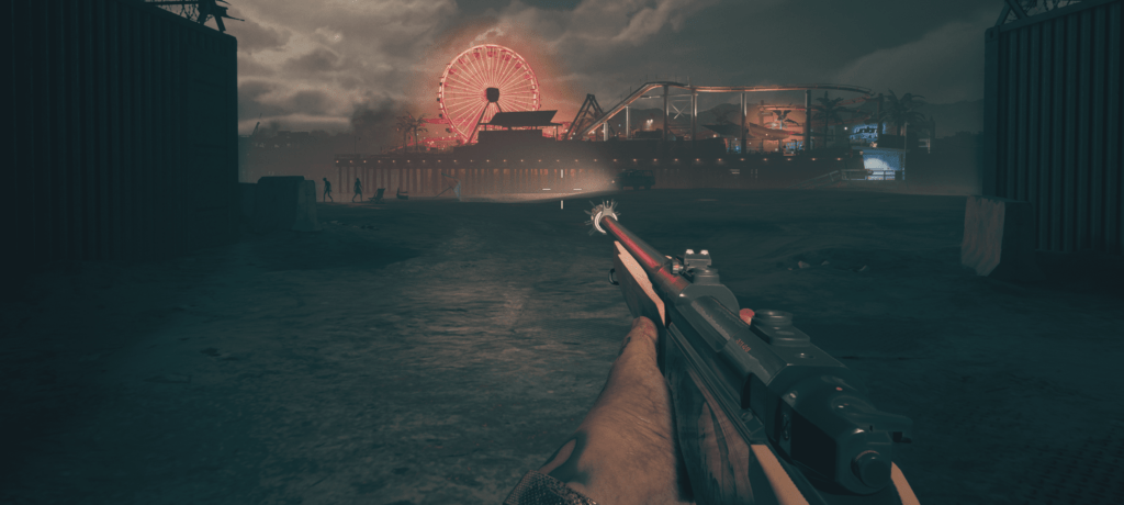 View to die for at night, ferris wheel lighting the midnight sky on the pier, as shamblers run along the beach.