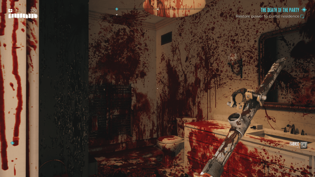 A bloody bathroom with blood on the walls, furniture and ceiling. Iconic set pieces of Dead Island 2.