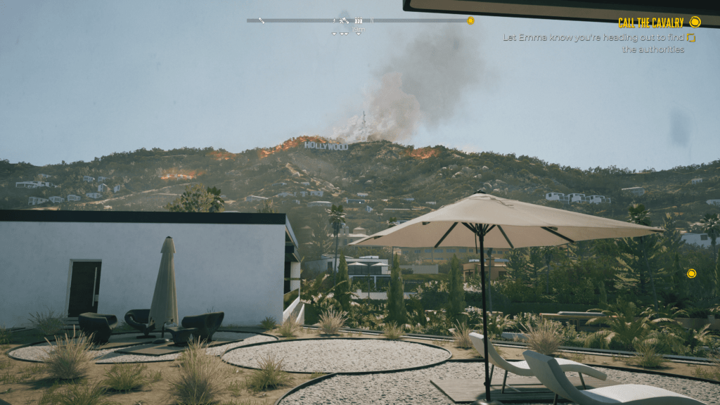 Background view from the appartment of Emma Jaunt, the famous Hollywood sign surrounded by fire. Iconic for Dead Island 2.