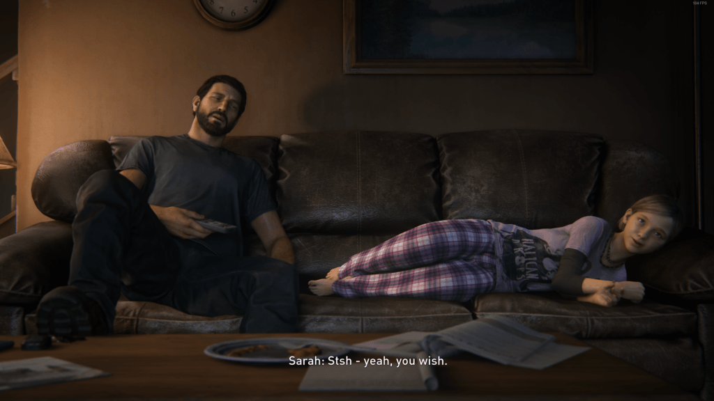 The Last of Us - Part 1 PC intro cutscene, Joel and Sara watching tv in the sofa