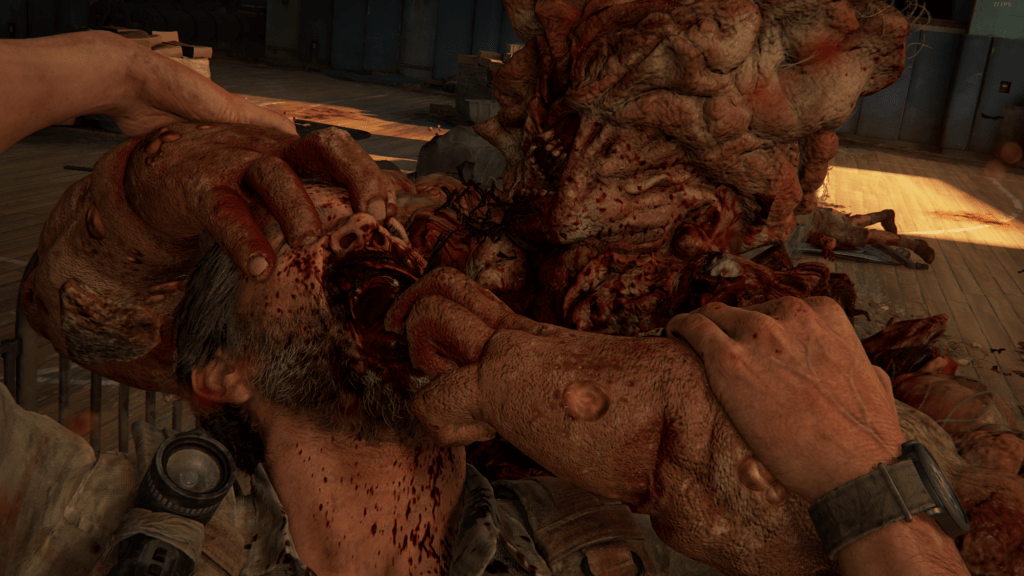 The death animations are brutal, Joel his jaw is getting ripped off by a big mushroom boy.