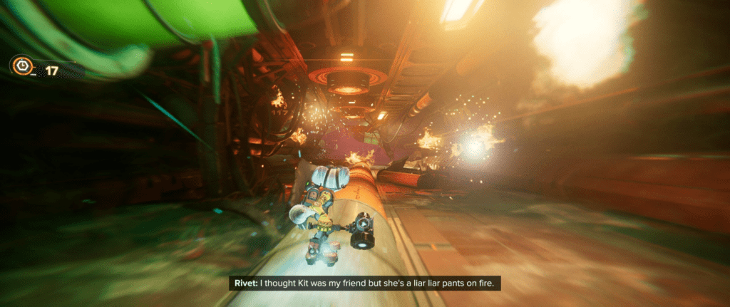 grinding on a rail in Ratchet & Clank: A Rift Apart