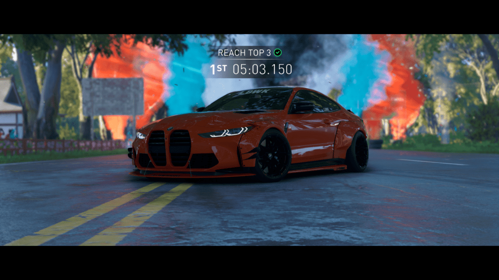 Finish line with a loaned special kitted BMW, low hanging orange paint and special rims from liberty walk