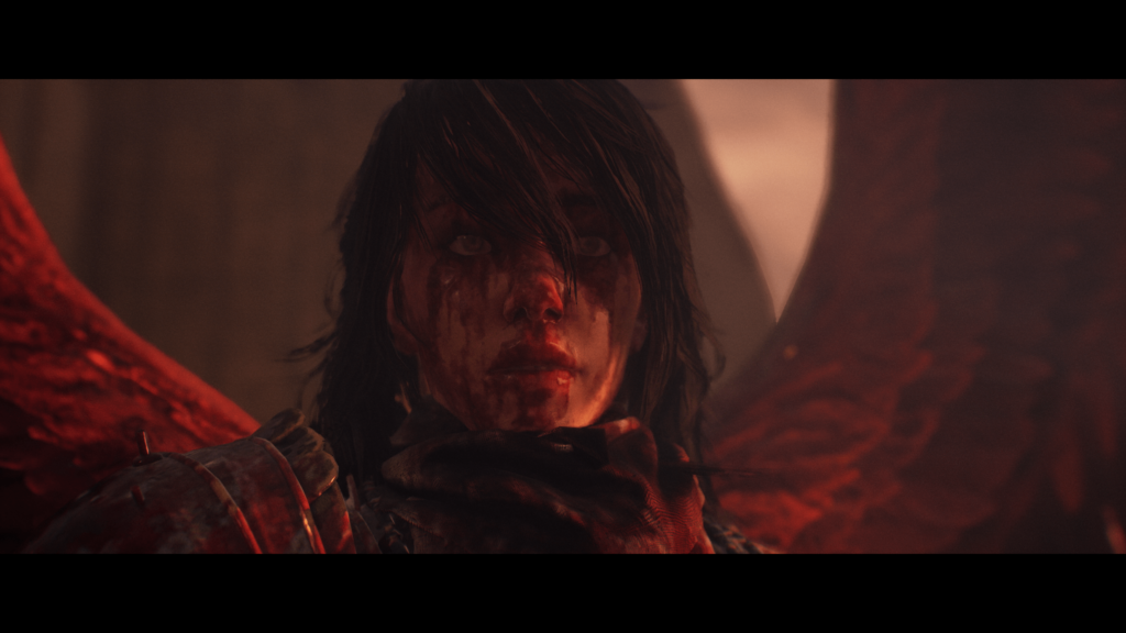 Ending cutscene of the boss fight, her face bloodied, red wings visible from her back as she looks at you in defeat.