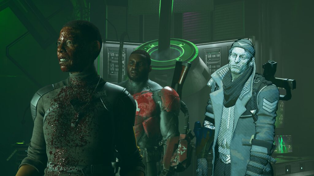 Amanda Waller her face and chest bloody from gore sprayed on her. Deadshot and Boomerang looking uninterested at her.