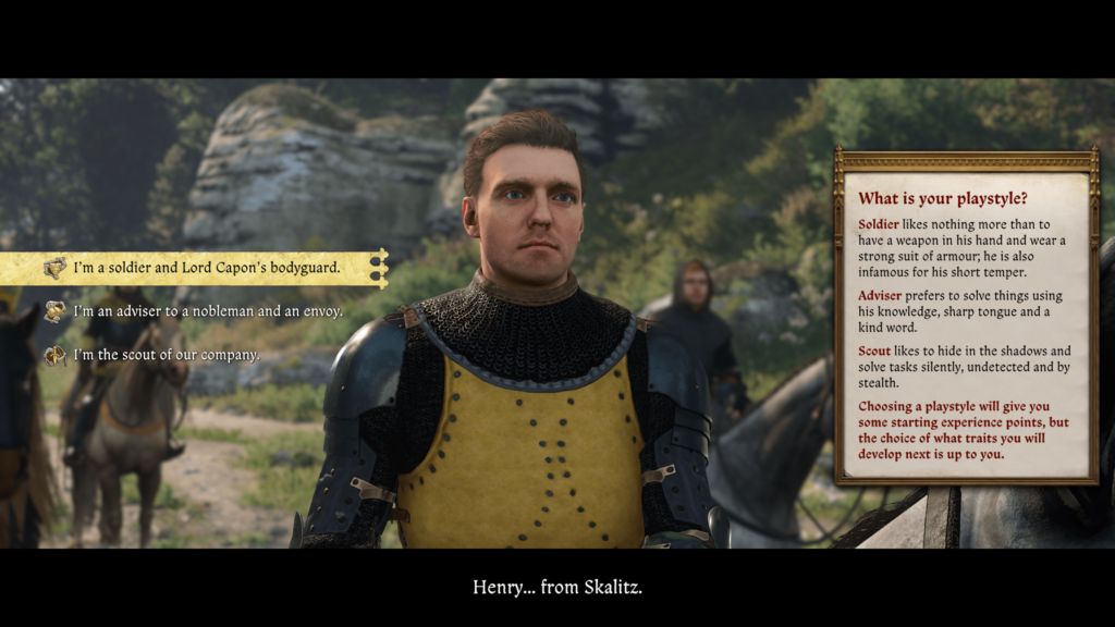 Your starting henry sitting on your horse in the yellow armor of Lord Hans Capon his heraldry. The starting dialogue options have you choosing your starter set of skills.