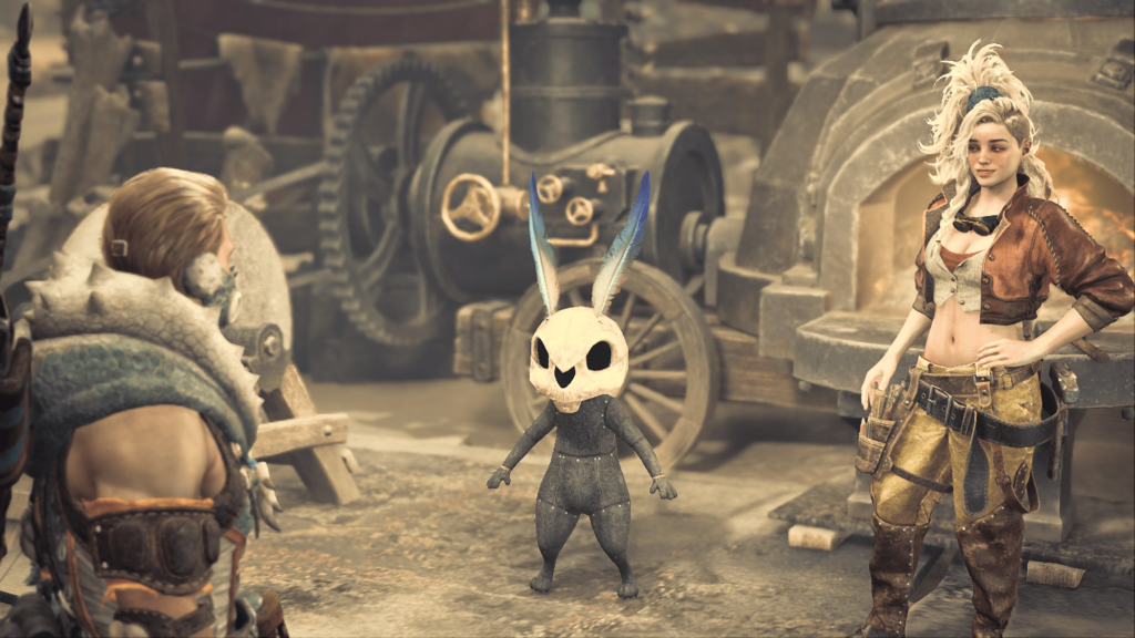 Crafting Palico bone helmet. A rabbit skull head with feathers poking out of it.