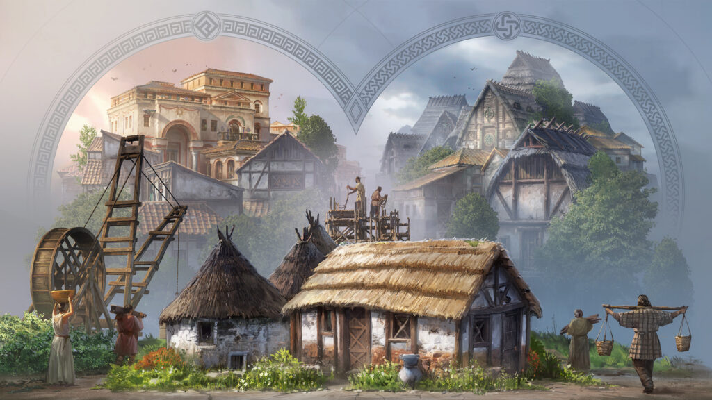 Art for both styles your civilization can grow in. Left is the Roman culture while right is the Gaellic culture each with their own distinct style and buildings.