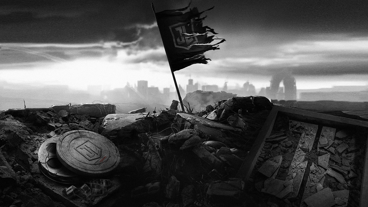 Justice League's flag torn. Image is in black and white.