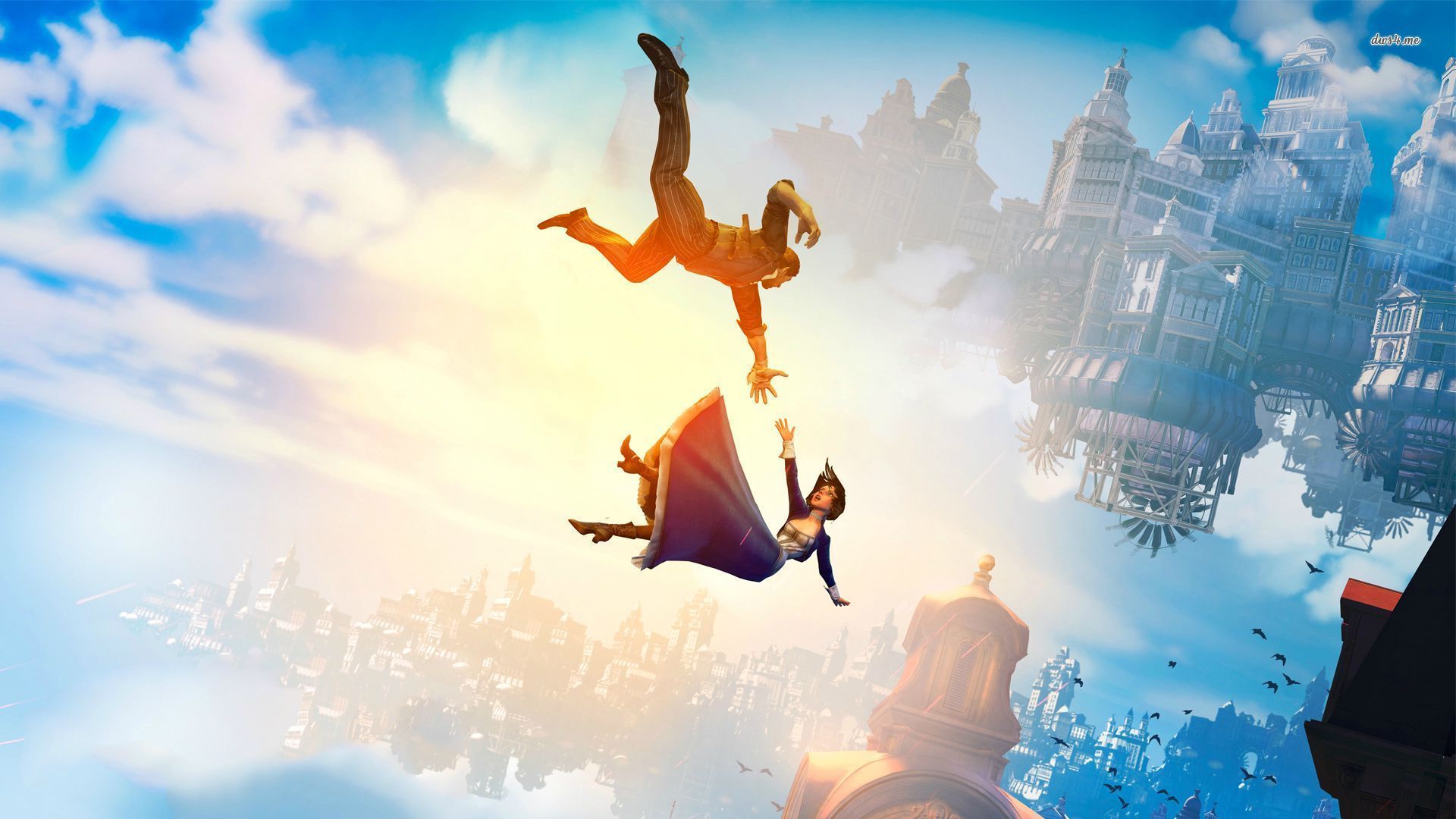 Booker trying to catch Elizabeth while both are falling from Colubmia - BioShock Infinite Key Concept Artwork