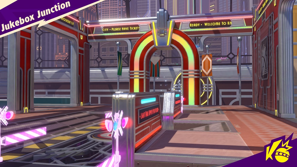 Jukebox Junction map. Each map has a distinct feature. This map as train tracks that occasionally have a train passing that instant KO's u or opponents.