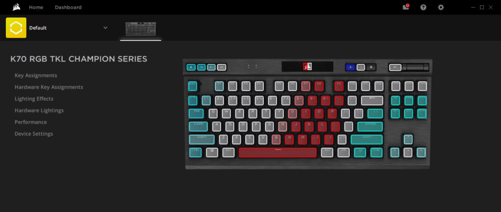 Home screen of iCue, software for Corsair K70