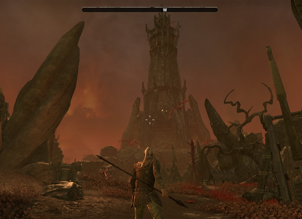 A dremora tower in the Deadlands towers over the player.