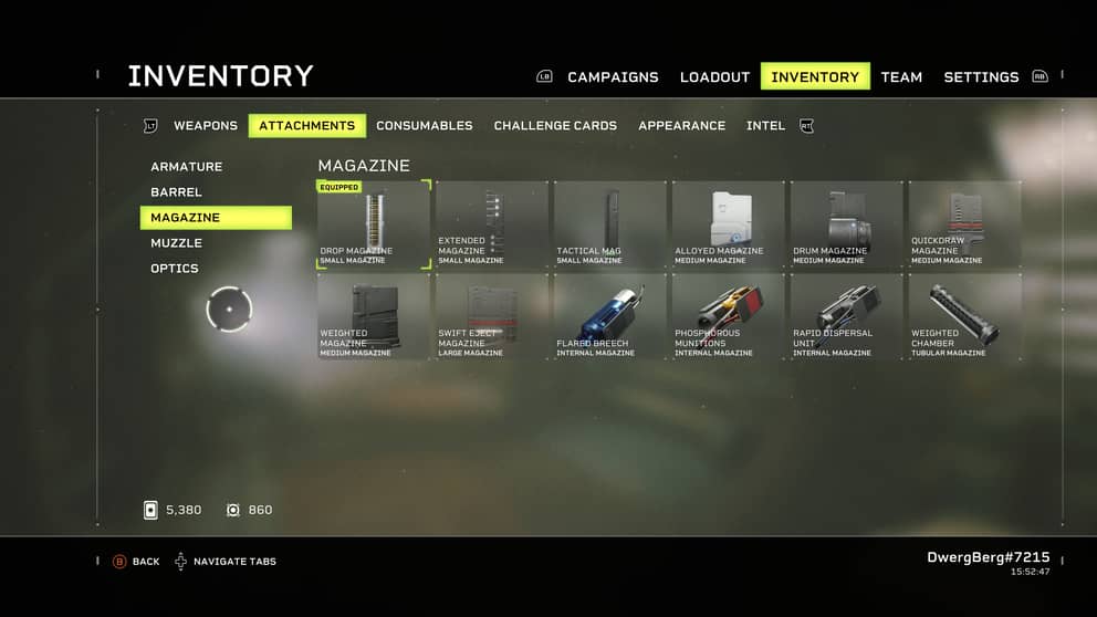 Inventory screen with all the collected magazine mods during the Aliens: Fireteam Elite review.