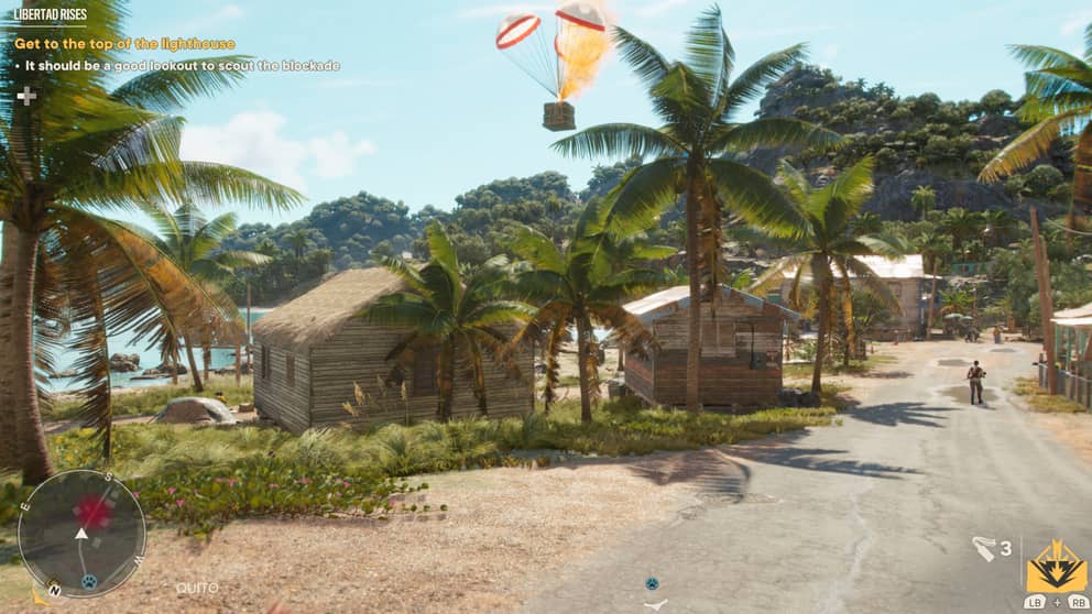 Exoctic islands of Yara with palm trees and a supply drop in the distance.