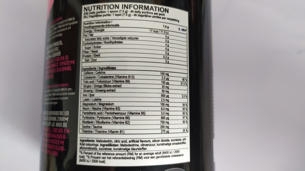 Hack Energy Nutrition Information
