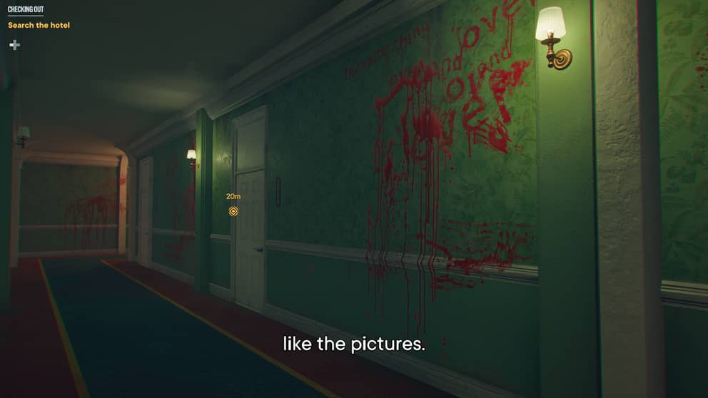 Mindfuck puzzle, a hotel hallway filled with blood and bloody scripture on the wall, Vaas commenting on it like it are pictures.