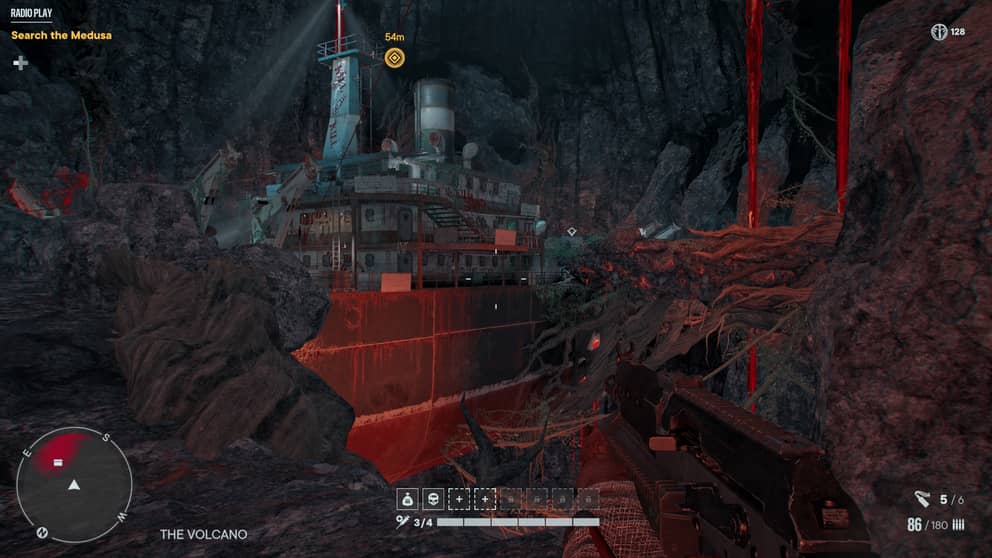 The WW2 tanker from Far Cry 3 suspended above lava.