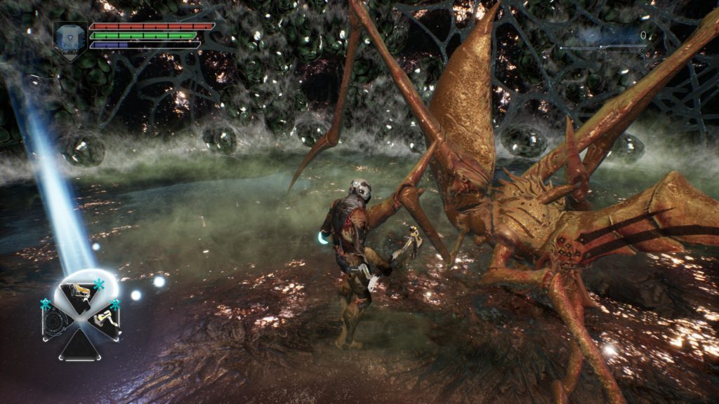 Endboss fight in the demo an arena littered with eggs, gas fills the floor as the long limbs of the queen slash out.