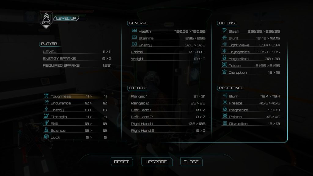 Stat window at the end of the dolmen beta, level 11 with a build in endurance and energy for ranged and dodging.