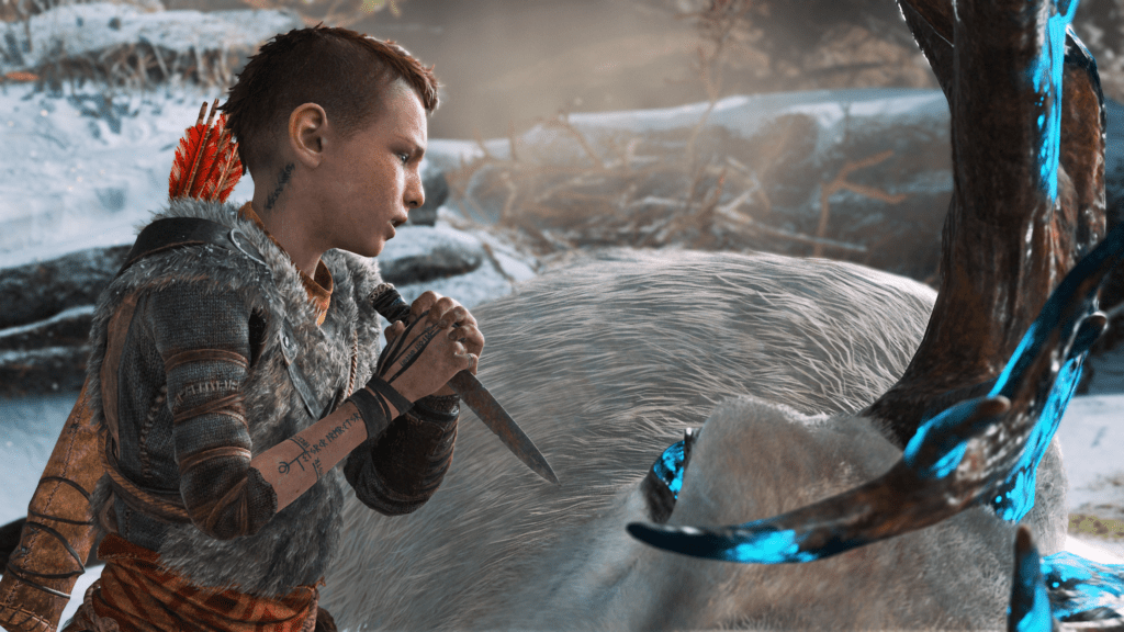Atreus about to stab a magical deer.