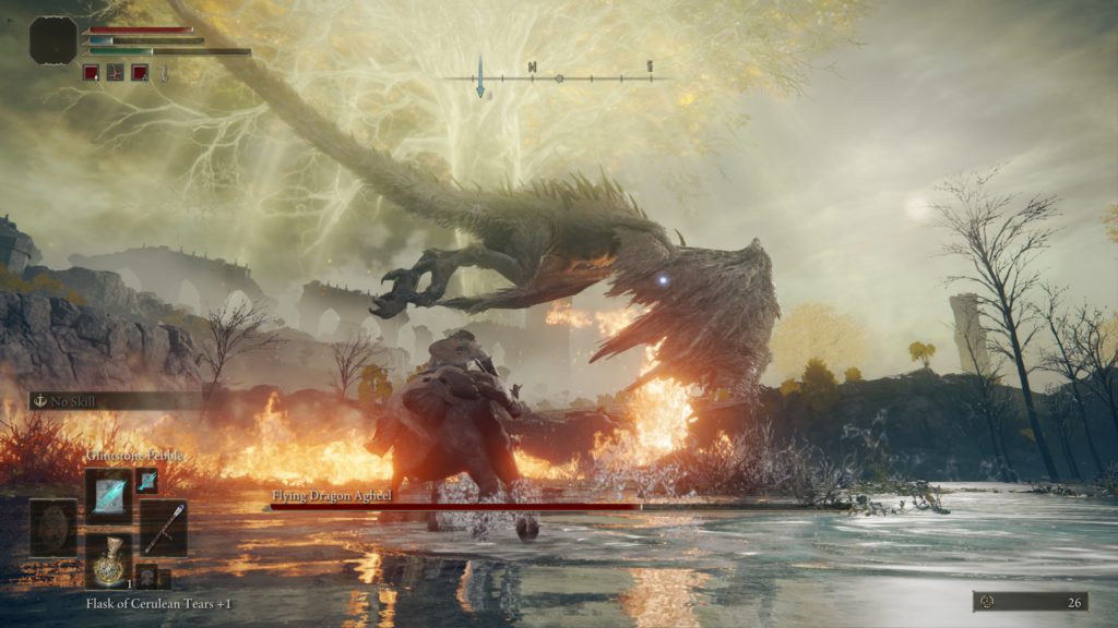 Bossfight in the swamps vs a dragon. It's doing a flyby and spewing fire.