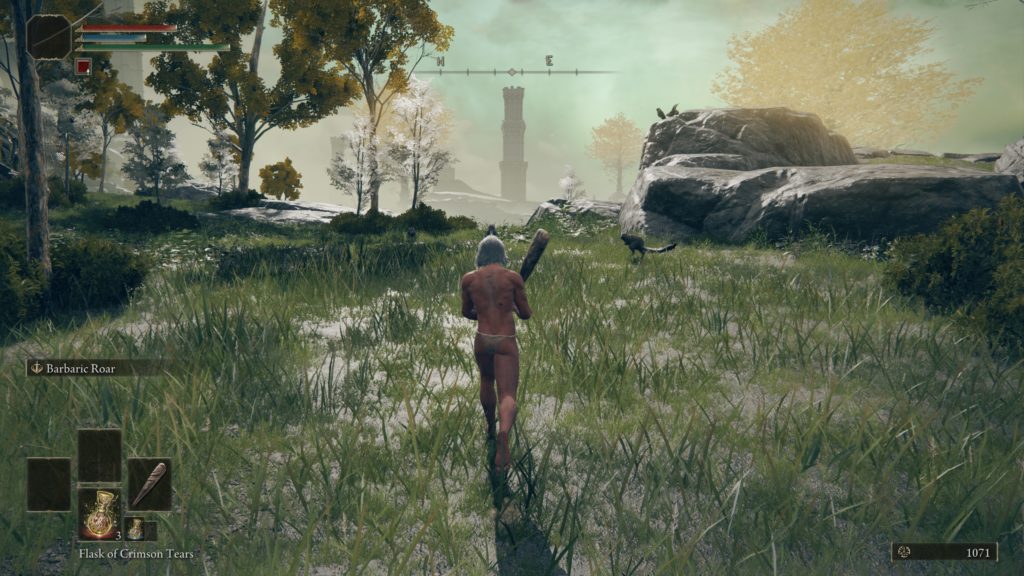 Walking into the world for the first time and you get hit with beautifull lighting and a tower in the distance.