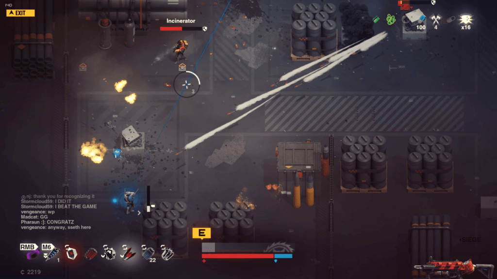 Synthetik character in the corner facing a barrage of missiles 