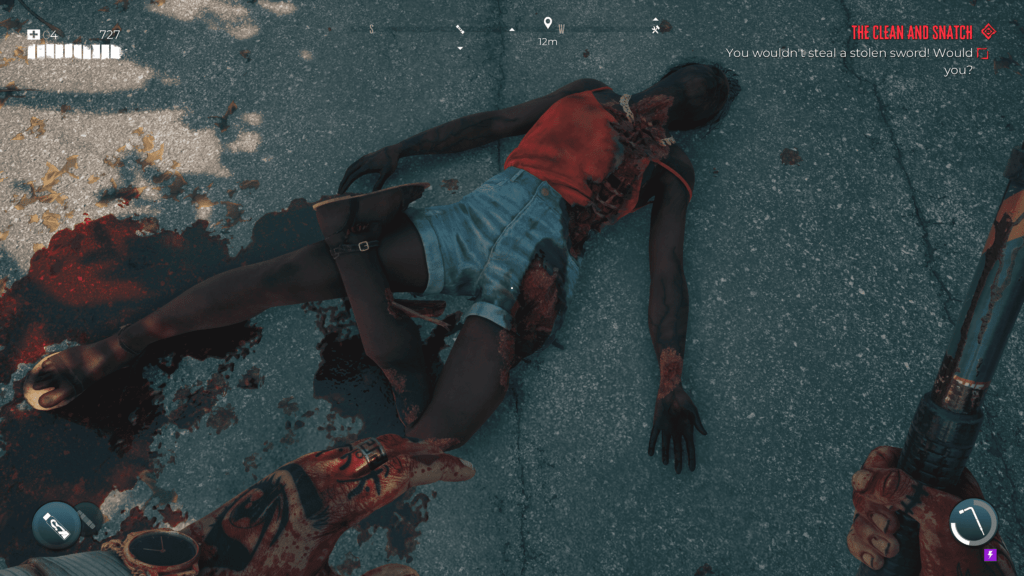 Example of character model destruction, broken leg with bone popping out, chunk of flesh gone from the hip, slash from nek to abdomen took away flesh and ribs are visible.
