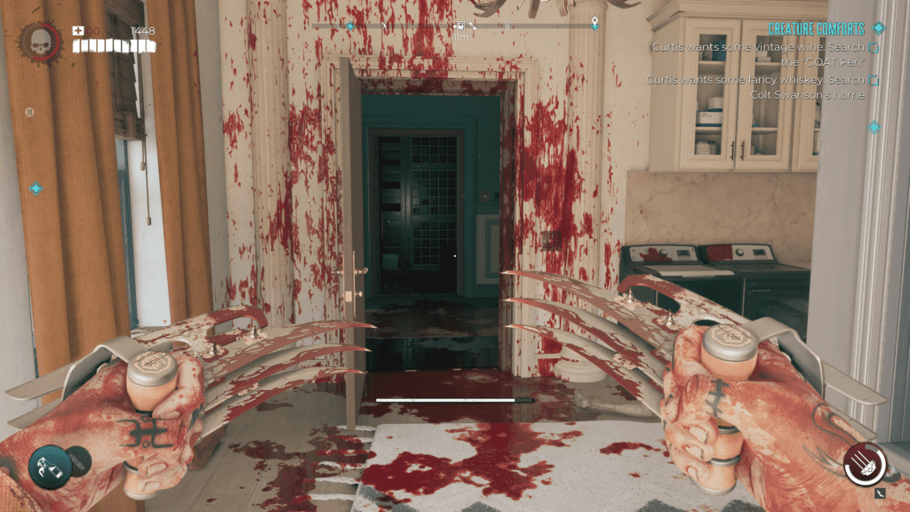 The mess you make when fighting, claw weapons used to elimitate an infected, the white walls and white carpet are stained with blood.