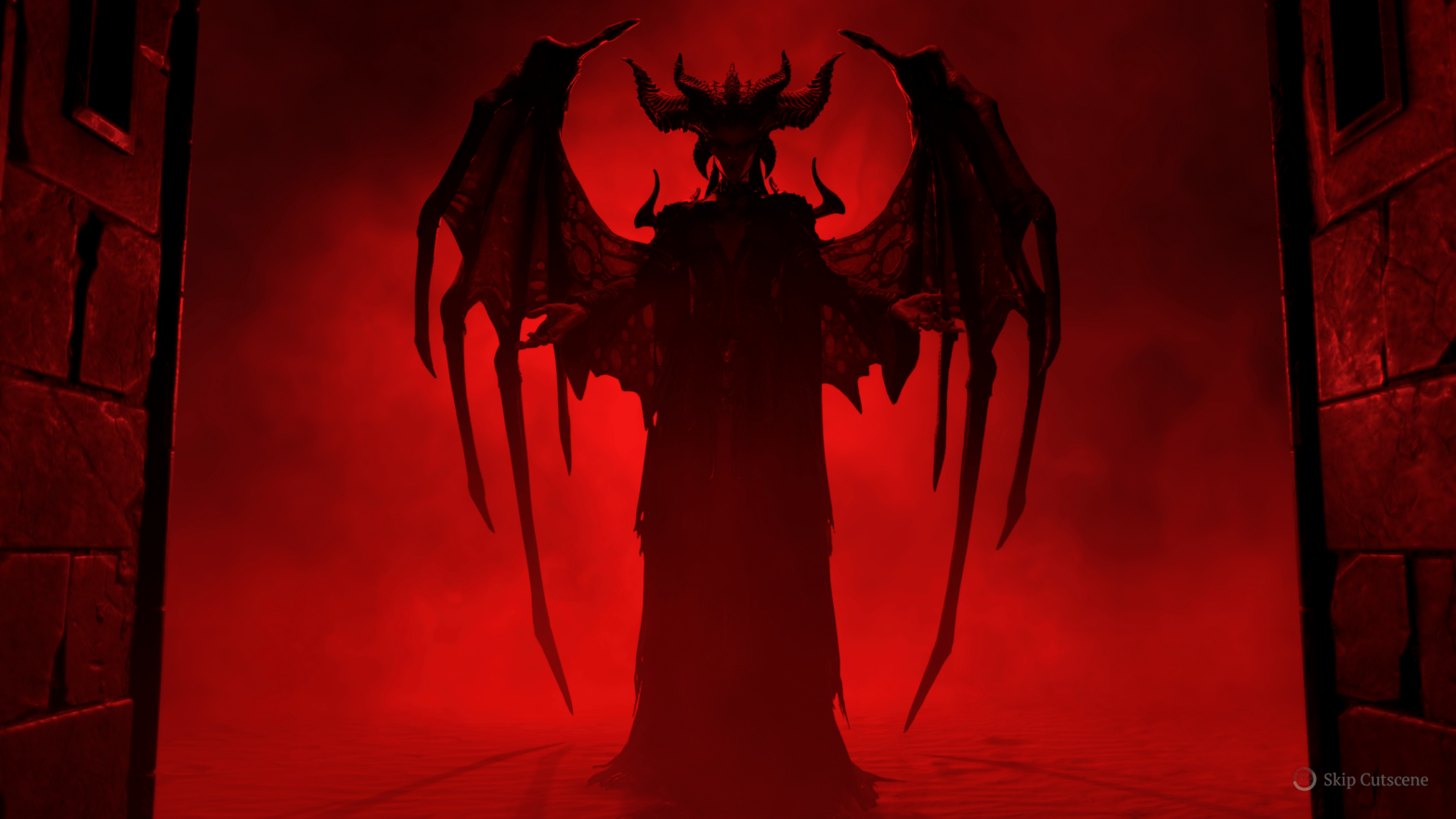 Lilith the daughter of Hatred, mother of sanctuary and villain of Diablo 4, in a backdrop of red and black.